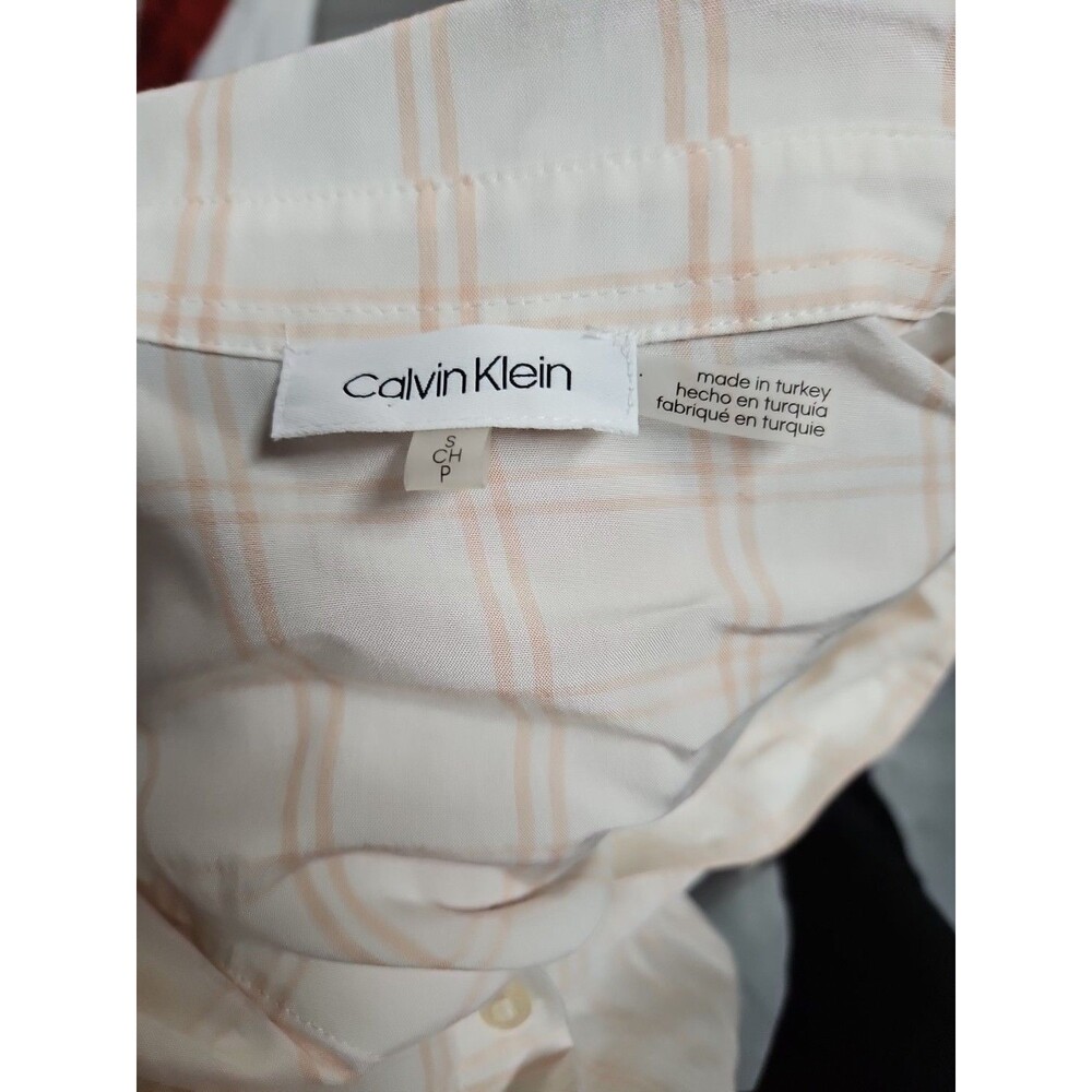 Calvin Klein Long Sleeve Roll Tab Peach & White Plaid Button Down Shirt - Sz S - Picture 8 of 9